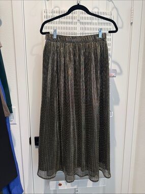 Metallic Pleated Maxi Skirt - Black with Iridescent Sheen